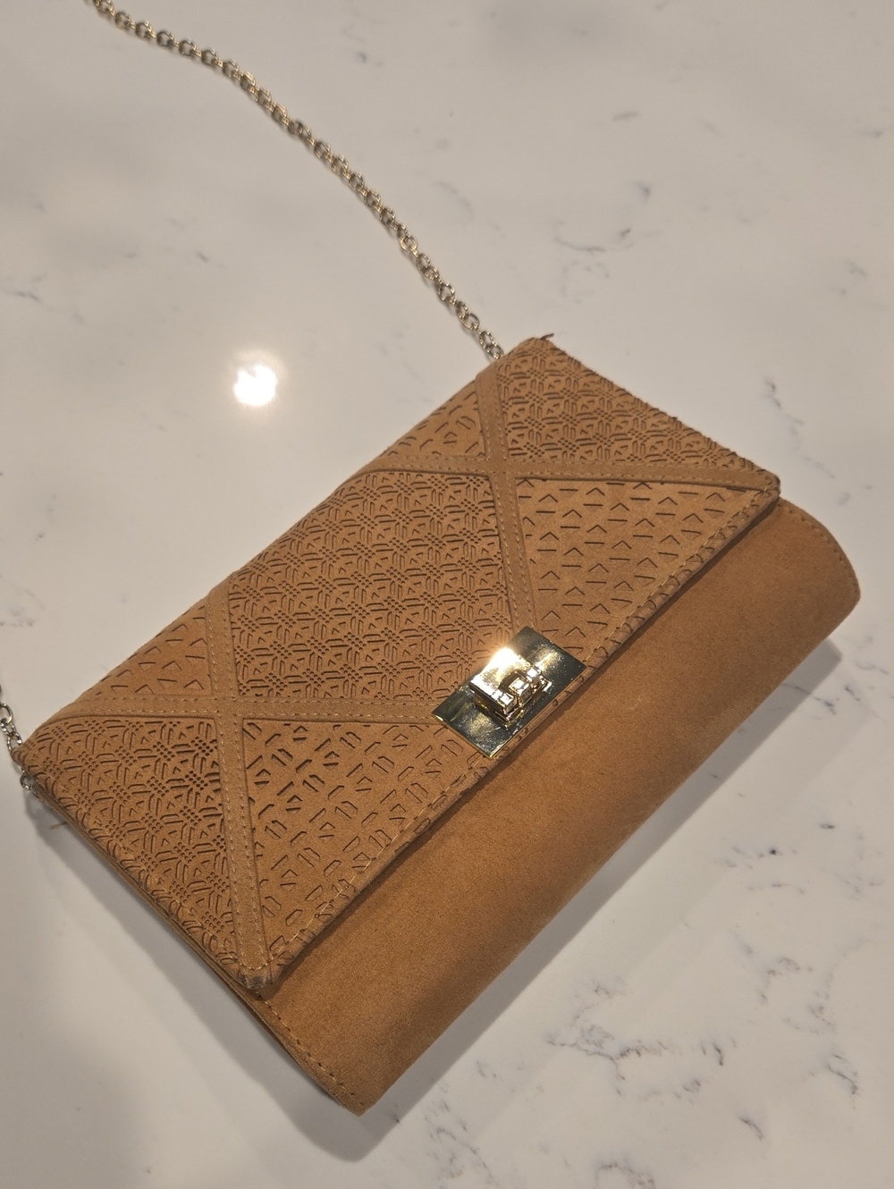 Aldo Suede Laser-Cut Tan Chain Shoulder Bag